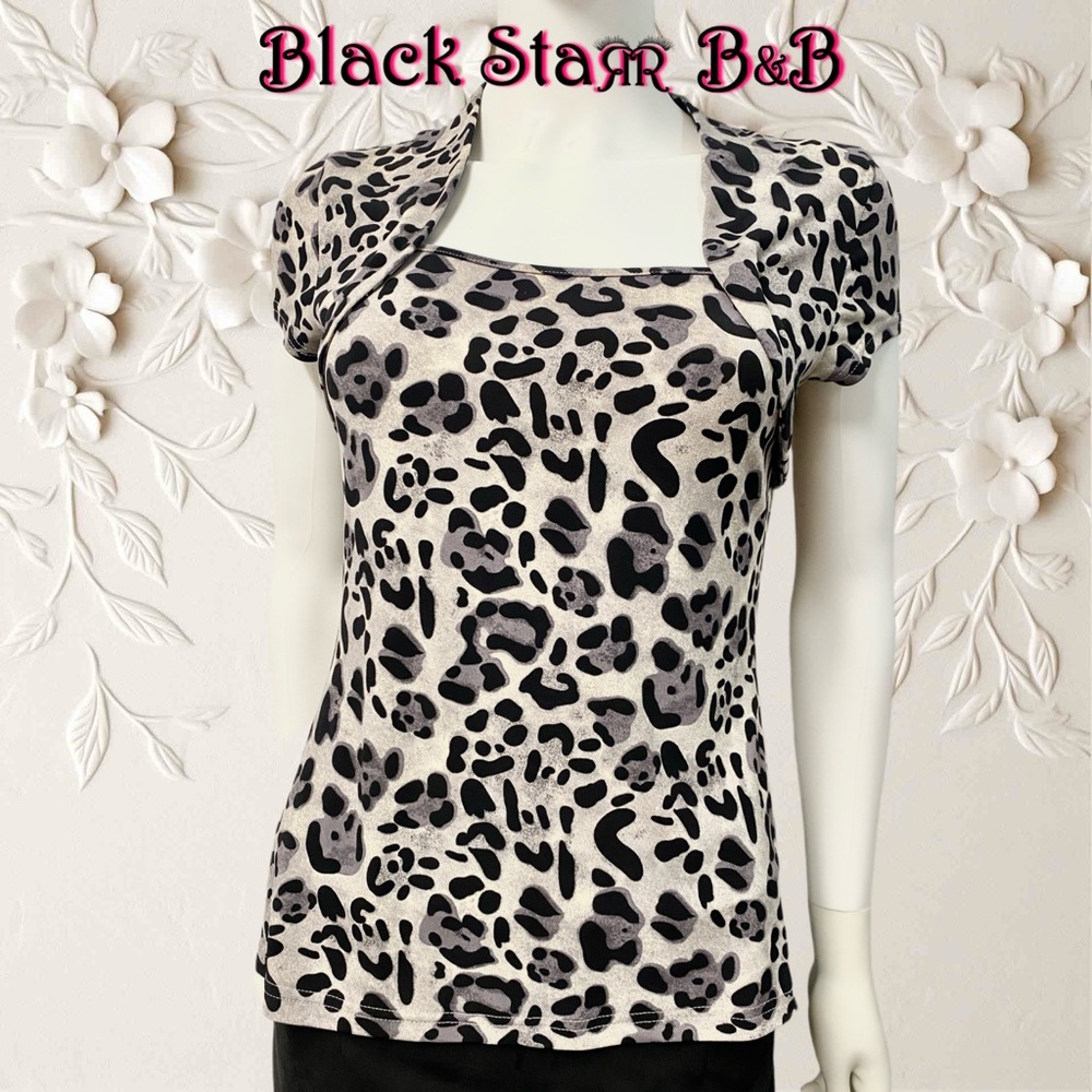 Women's Leopard Print Top - Black, Gray & Cream. Sz Sm
